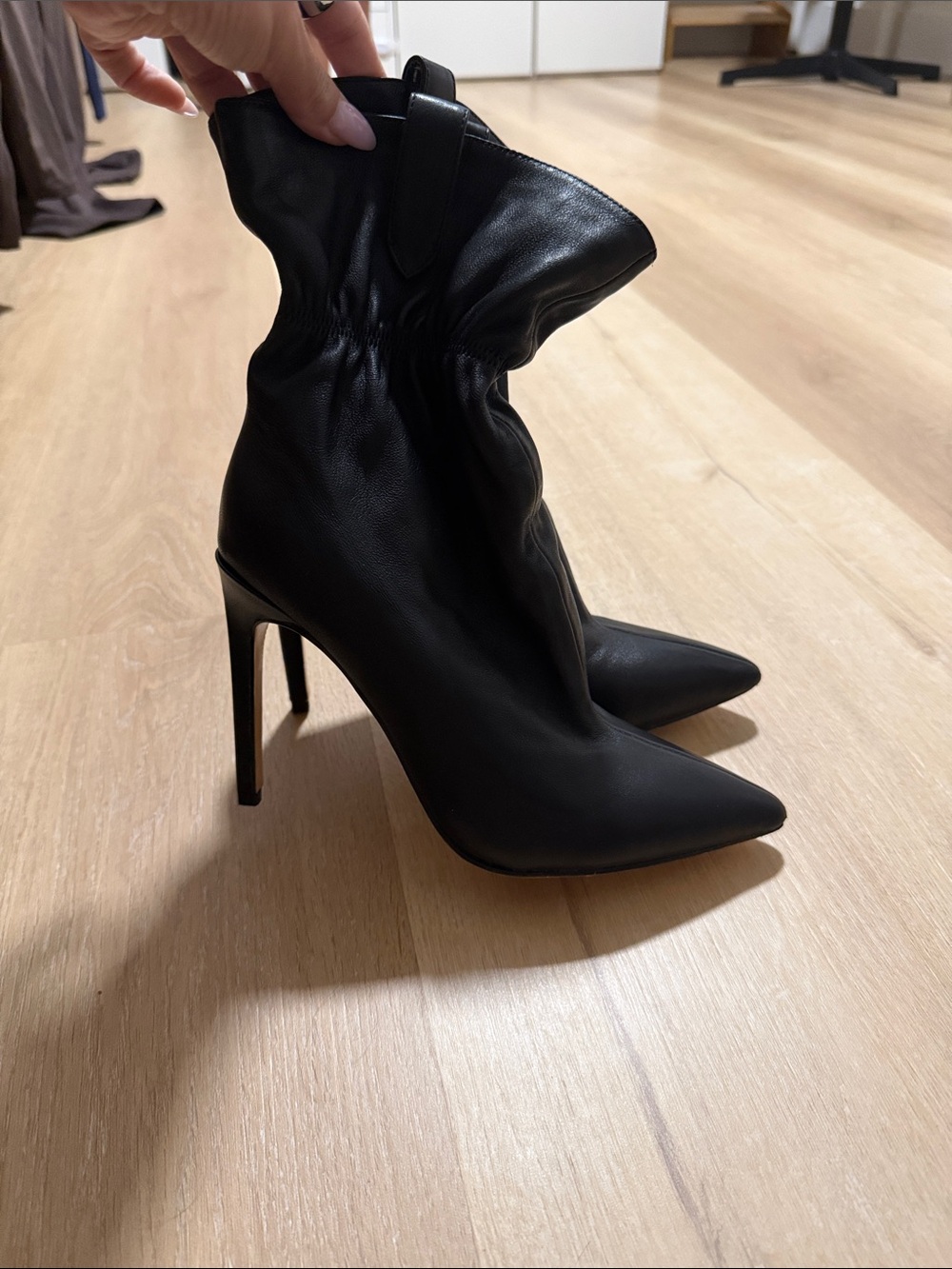 Raye Black Pointed-Toe High Heel Scrunch Ankle Boots